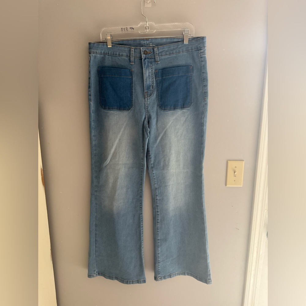 Time and Tru Womens Two Toned Pocket High Rise Wide Leg Faded Jeans SZ 14 Casual